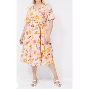 Lane Bryant Floral Midi Dress Plus Size 22 V Neck Short Sleeve‎ Belted NWT